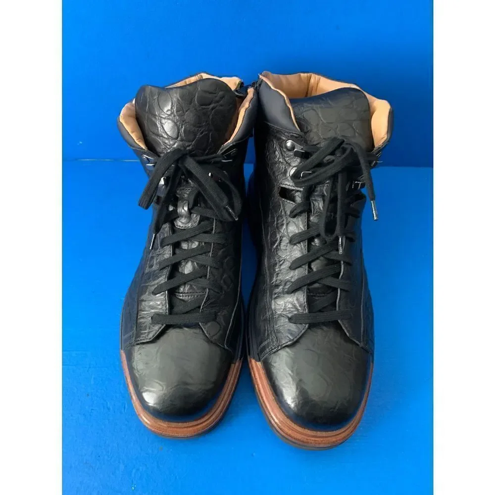 WORN 2x SANTONI EVEREST HIKING BOOT 8.5  D DERBY BURNISHED  Black  Croco